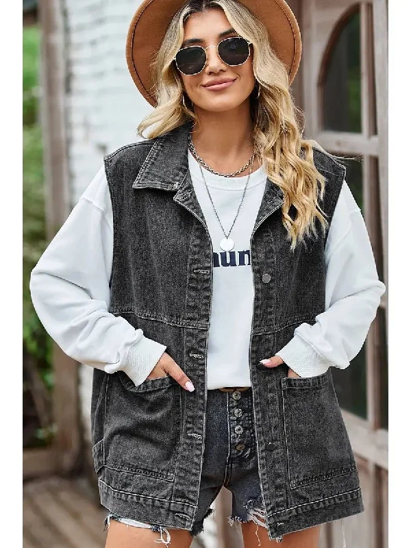 Big Side Pocket Collar Denim Vest