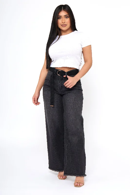 Denim Skater Jeans with Pleats, Raw Hem and Skater Belt