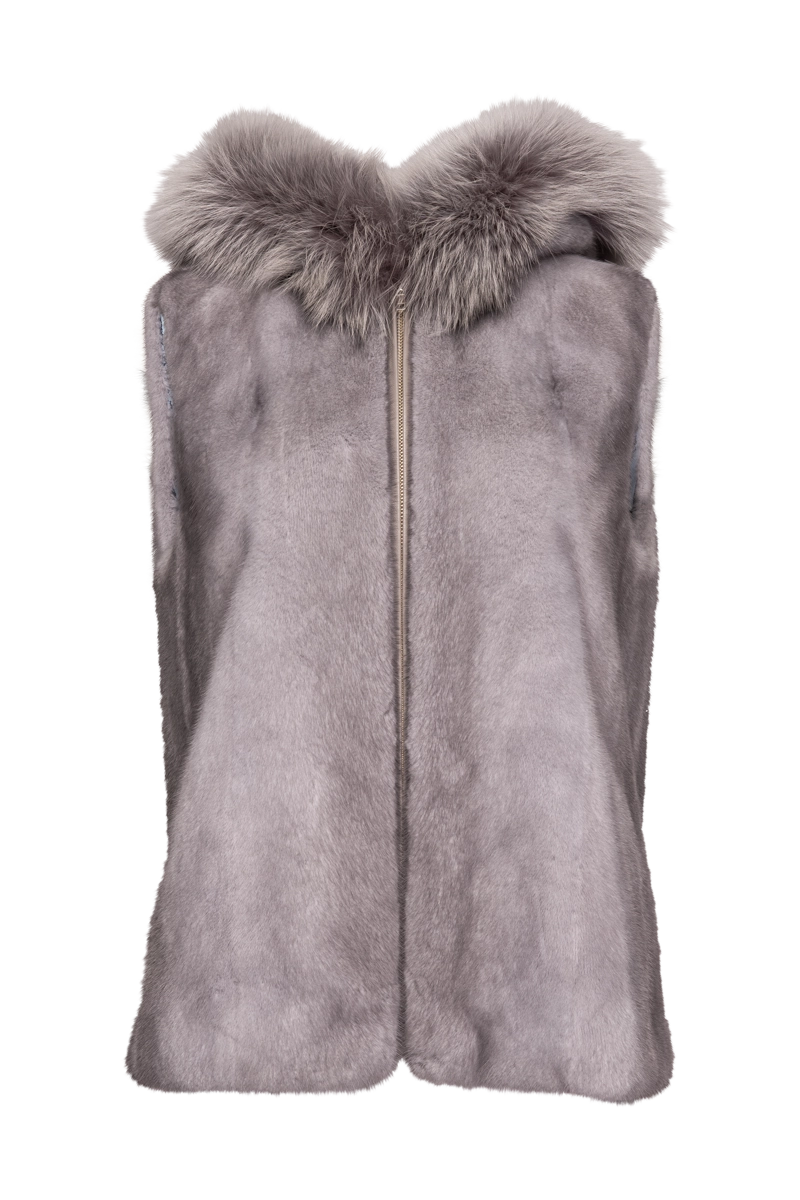 Hooded Zip-Up Sapphire Mink Fur Vest - Fox Fur Hood Trim