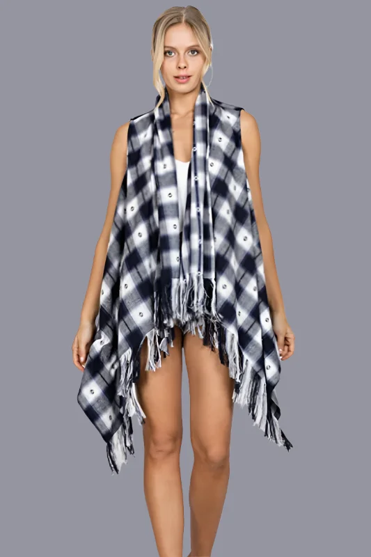 En Creme Flannel Plaid Fringe Vest - Navy