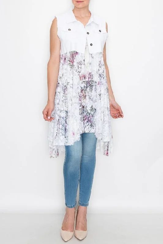 Origami Western White Denim Roses Vest - Ivory