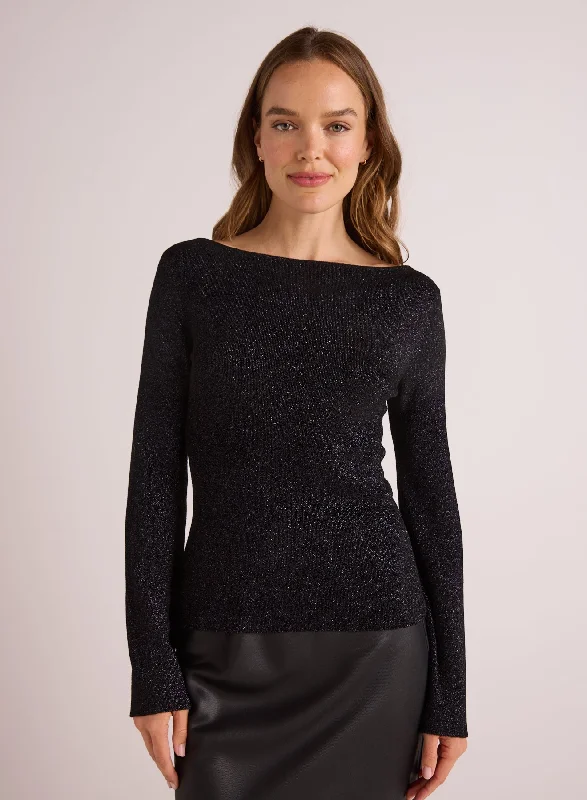 Boatneck Long Sleeve Sweater - Black with Metallic