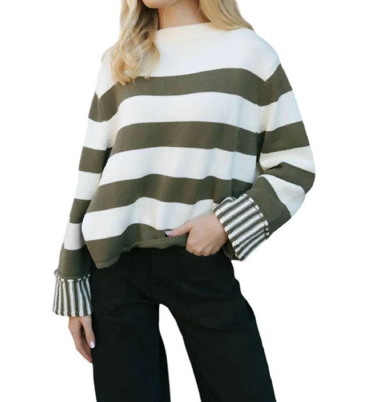 Long Sleeves Big Stripe Sweater In Olive