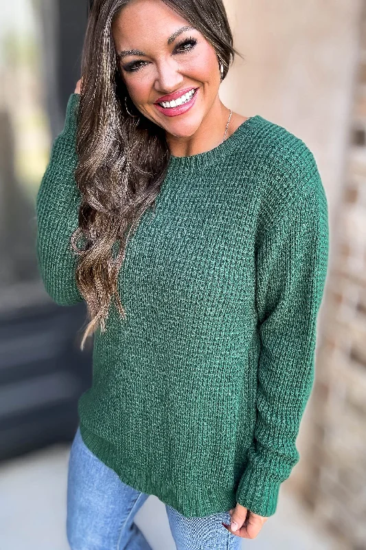 Merry And Bright Dark Green Hi-Low Long Sleeve Round Neck Waffle Sweater