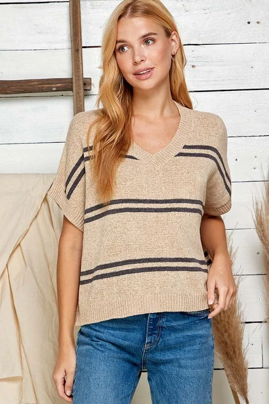 TEXTURED STRIPE V-NECK SWEATER TOP