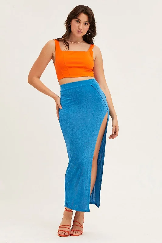 Blue Jersey Elastic Waist Front Split Midi Skirt