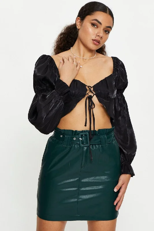 Green Faux Leather Belted Skirt