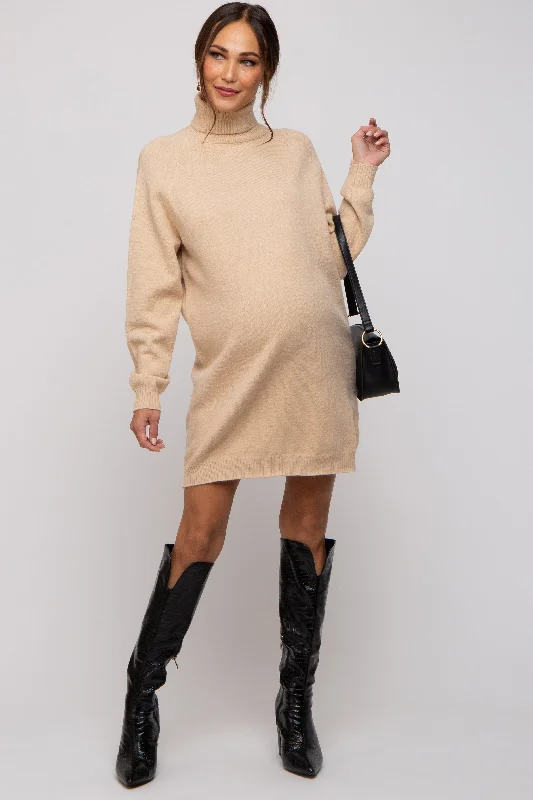 Beige Knit Long Sleeve Turtleneck Maternity Sweater Dress