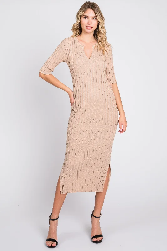 Beige Ribbed Knit Midi Dress