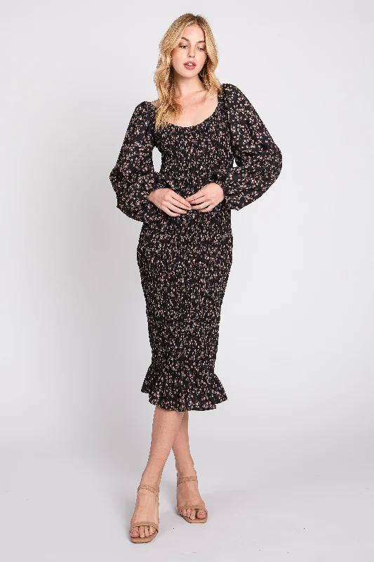 Black Floral Smocked Fitted Long Sleeve Midi Dress