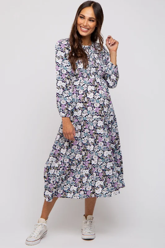 Black Floral Smocked Tiered Maternity Midi Dress