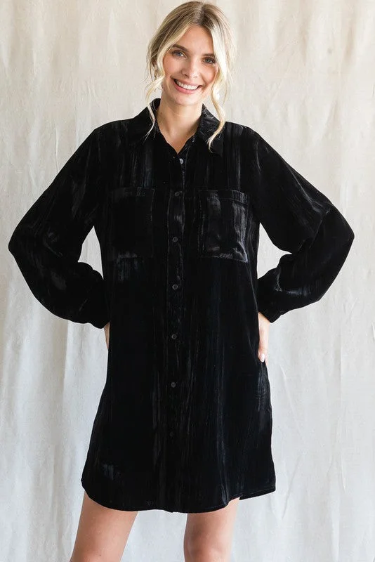 Black Velour Button Up Dress