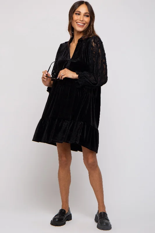 Black Velvet Lace Sleeve Collared Tiered Maternity Dress