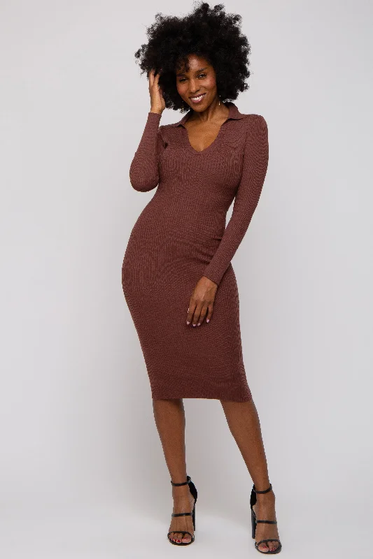 Brown Ribbed Knit Fitted Dress