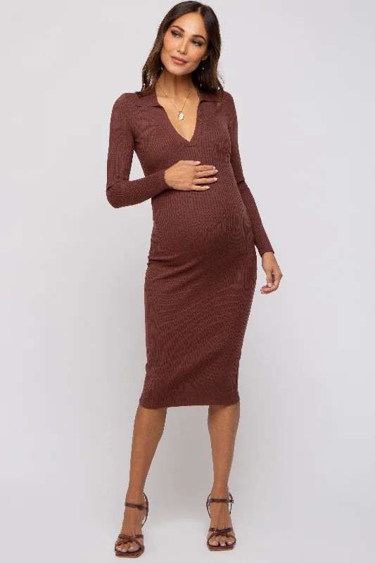 Brown Ribbed Knit Fitted Maternity Dress