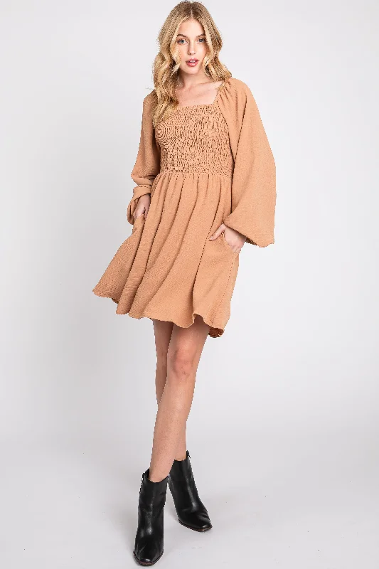 Camel Tie Back Smocked Long Sleeve Dress