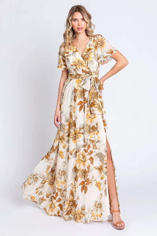 Cream Floral V-Neck Side Slit Dress