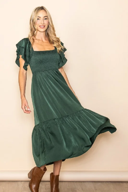 Forest Green Satin Flutter Sleeve Midi Dress