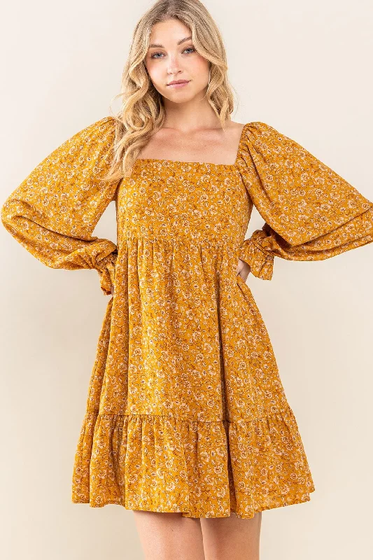 Gold Floral Chiffon Square Neck Ruffle Hem Dress