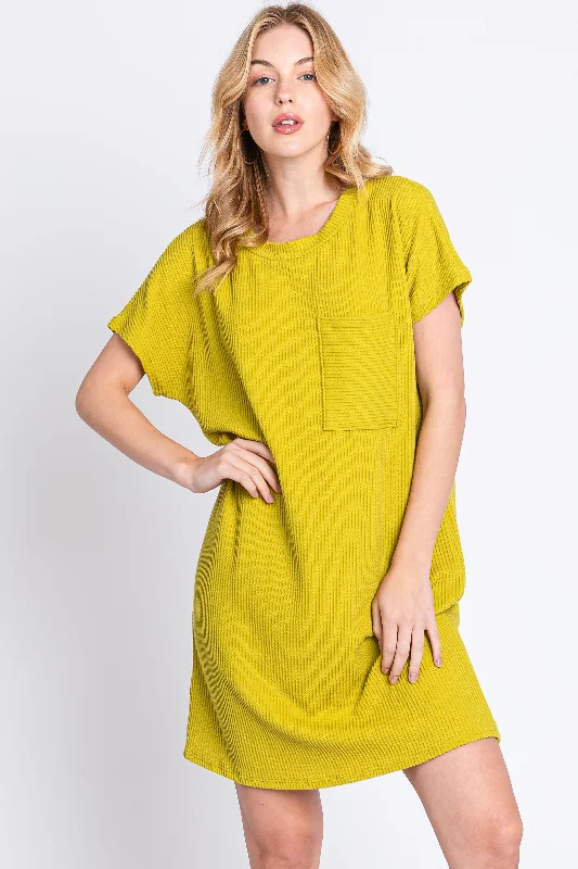 Lime Ribbed Front Pocket Dolman Short Sleeve Dress