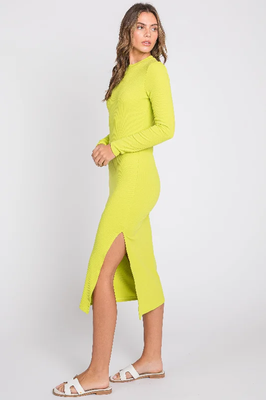 Lime Ribbed Mock Neck Long Sleeve Midi Dress