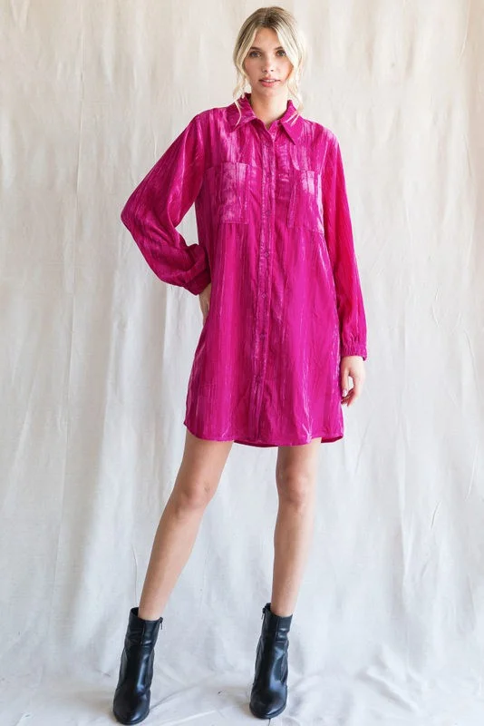 Magenta Velour Button Up Dress