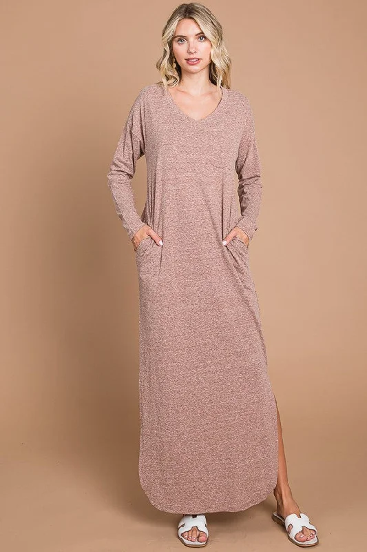 Mocha Heathered Pocketed Long Sleeve Maxi Dress