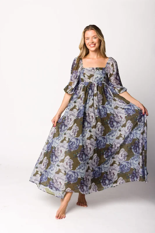 Mona Maxi Dress in Olive/Blue Floral - Bump Friendly