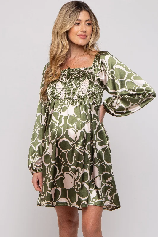 Olive Floral Satin Long Sleeve Maternity Dress