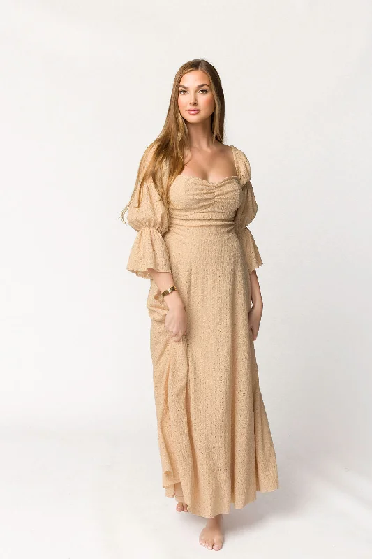 Corrine Tiered Sleeve Maxi Dress with Pockets in Beige - Bump Friendly