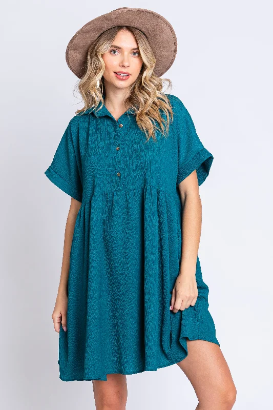 Teal Collared Button Front Short Sleeve Dress