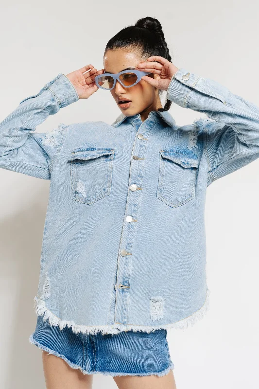 Oversized Distressed Denim Shacket