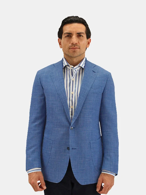 Lago Blazer Wool Silk & Linen Houndstooth Caruso Blue