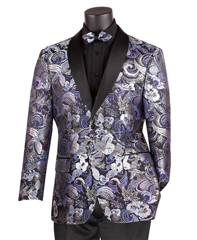 Cosmos Collection: Navy 2 Button Paisley Pattern Single Breasted Modern Fit Blazer