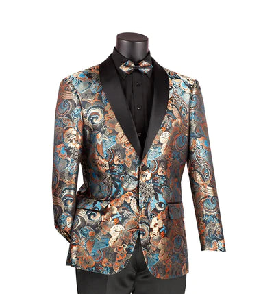 Cosmos Collection: Teal 2 Button Paisley Pattern Single Breasted Modern Fit Blazer