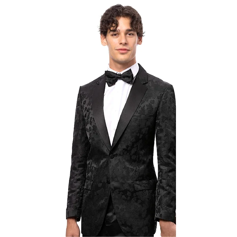 Elegant Black Tone on Tone Floral Print Blazer with Solid Satin Lapel - Modern Fit