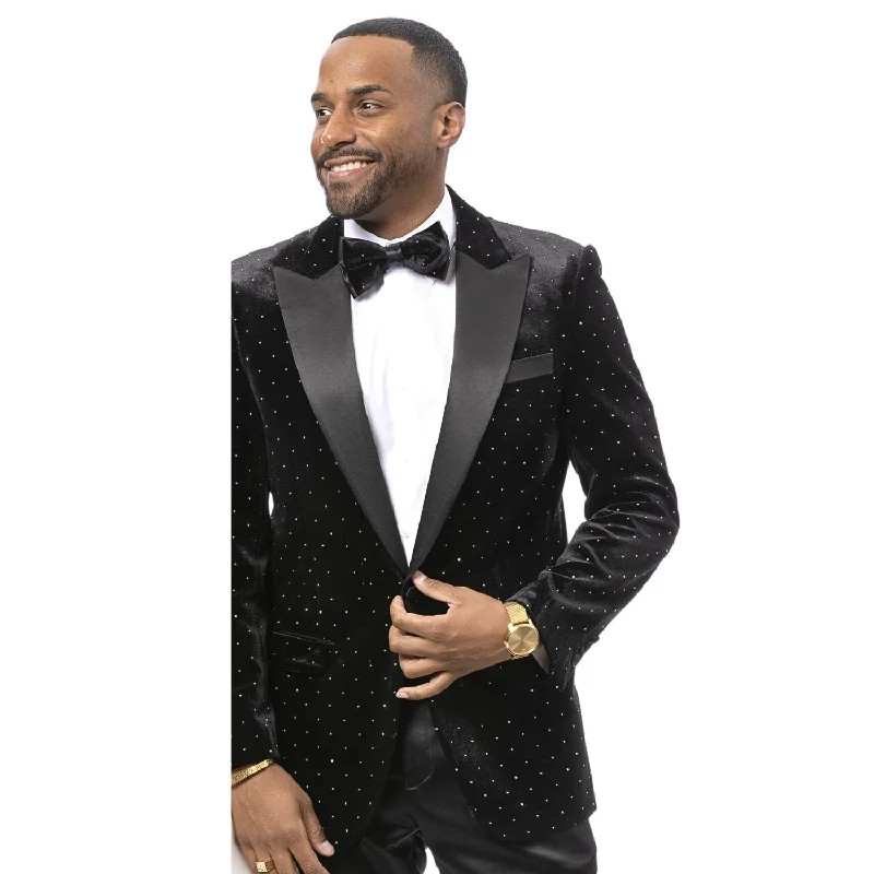 Luxurious Black Velvet Blazer with Satin Lapel and Diamond Stud Accents