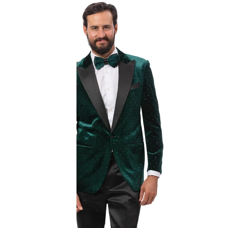 Modern Fit Green Velvet Blazer with Black Satin Lapel & Diamond Studs