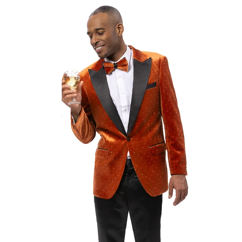 Rust Velvet Blazer with Black Satin Lapel & Diamond Studs - Modern Fit