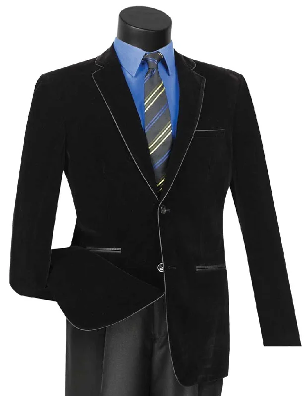 Velourfy Collection: Black Velvet with Faux Leather Trim Single Breasted Slim Fit Blazer