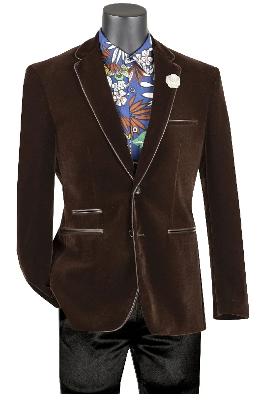 Velourfy Collection: Brown Velvet with Faux Leather Trim Single Breasted Slim Fit Blazer