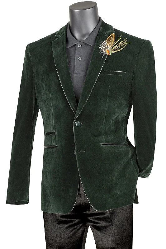 Velourfy Collection: Emerald Velvet with Faux Leather Trim Single Breasted Slim Fit Blazer