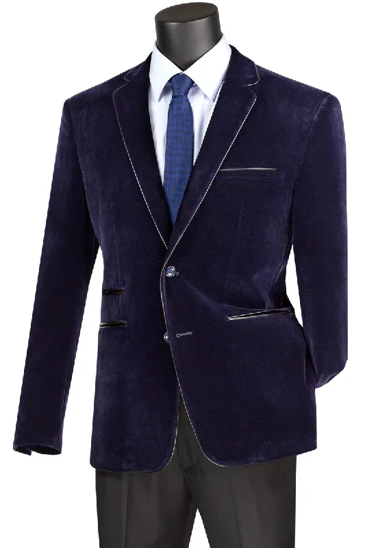 Velourfy Collection: Navy Velvet with Faux Leather Trim Single Breasted Slim Fit Blazer