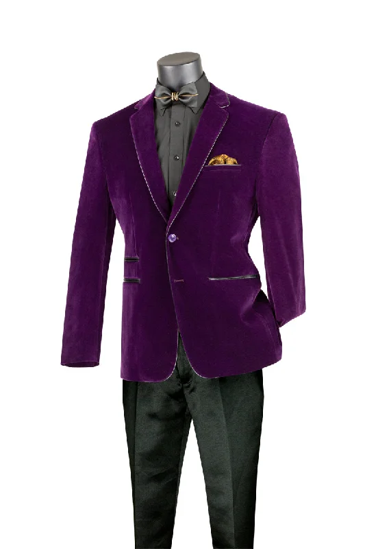 Velourfy Collection: Purple Velvet with Faux Leather Trim Single Breasted Slim Fit Blazer