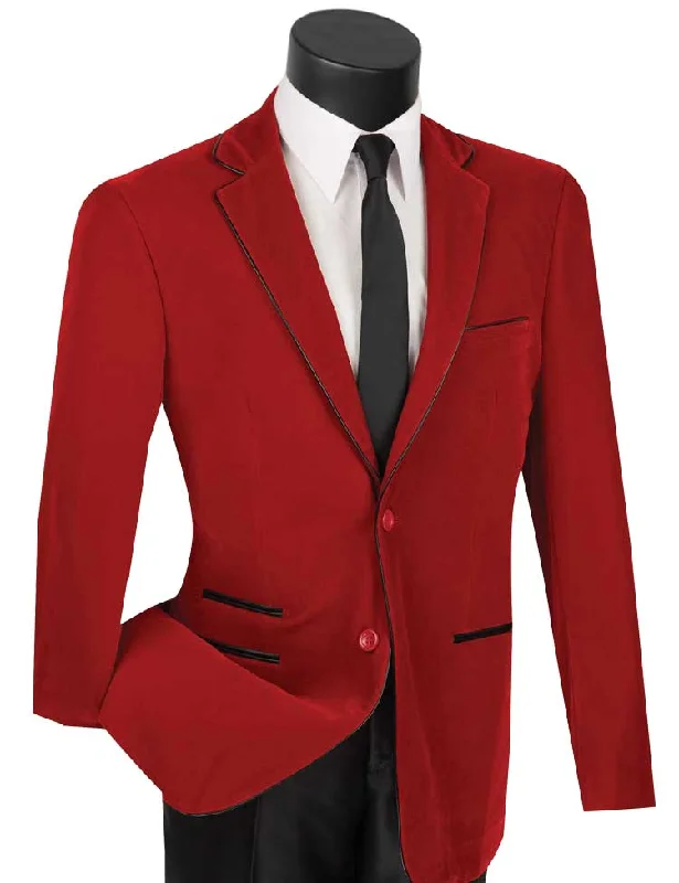 Velourfy Collection: Red Velvet with Faux Leather Trim Single Breasted Slim Fit Blazer