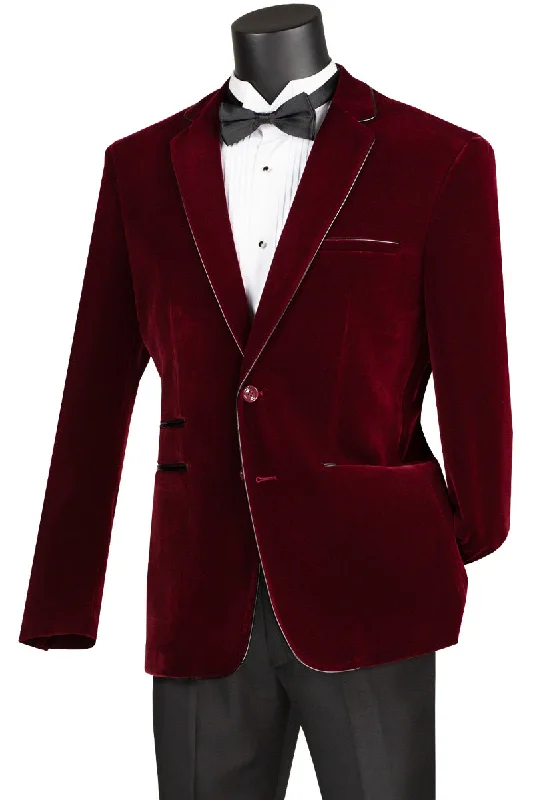 Velourfy Collection: Wine Velvet with Faux Leather Trim Single Breasted Slim Fit Blazer